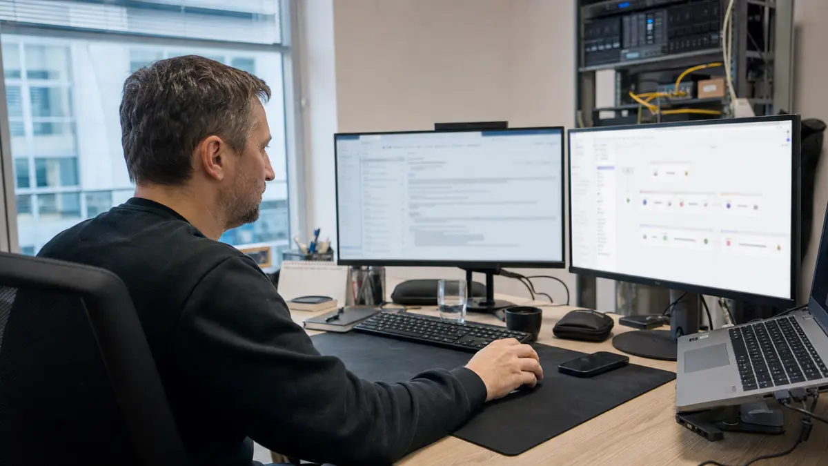 Techniker im IT-Büro prüft einen von der KI vorbereiteten Entwurf einer Kundenantwort vor dem Absenden