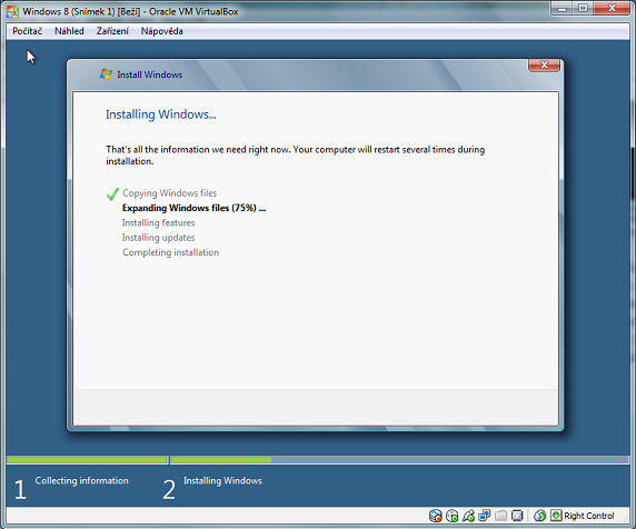 Instalátor Windows 8 ve fázi „Expanding Windows files (75 %)