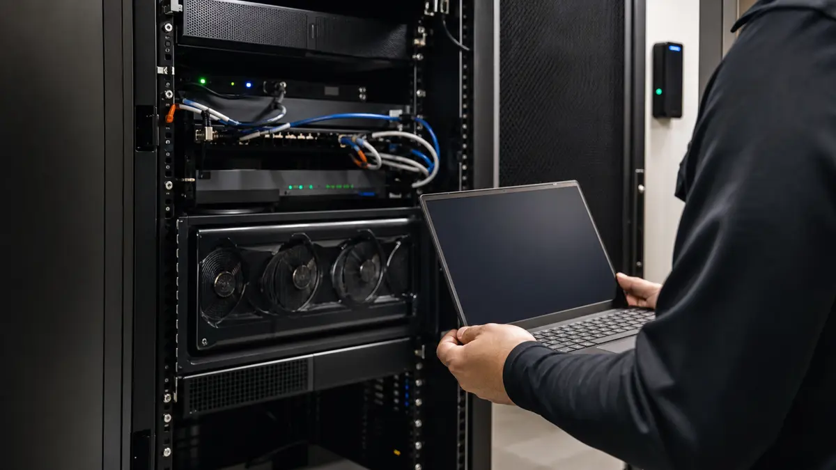 Technik kontroluje server pro lokální AI v síťovém racku bez čitelného textu na obrazovce