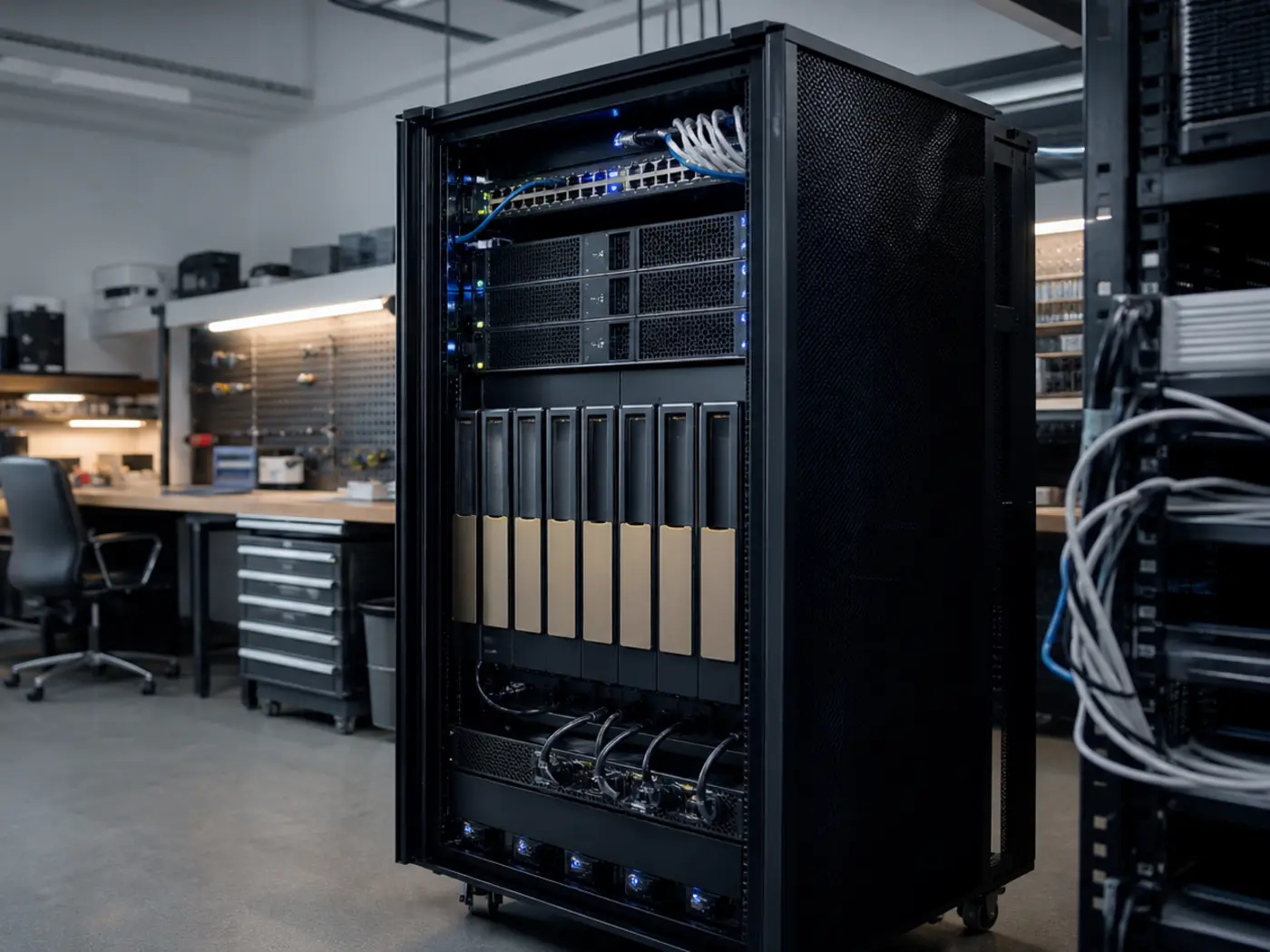 Vyhrazený server pro lokální AI ve firemní IT infrastruktuře bez čitelného textu