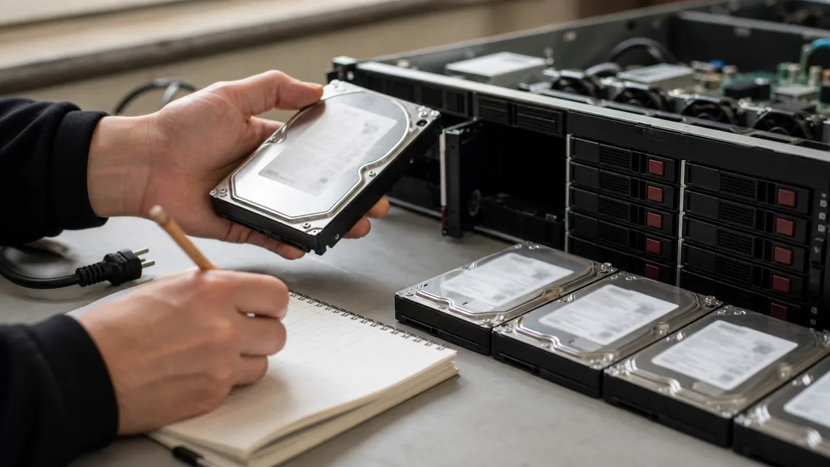 Technik vyjímá disk z rackového serveru a zapisuje si jeho sériové číslo do bloku, ostatní disky leží vedle v původním pořadí.