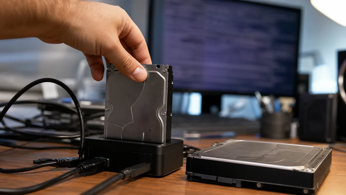 Vadný pevný disk zasunutý v SATA doku připojeném k počítači, vedle připravený větší cílový disk pro sektorovou kopii.