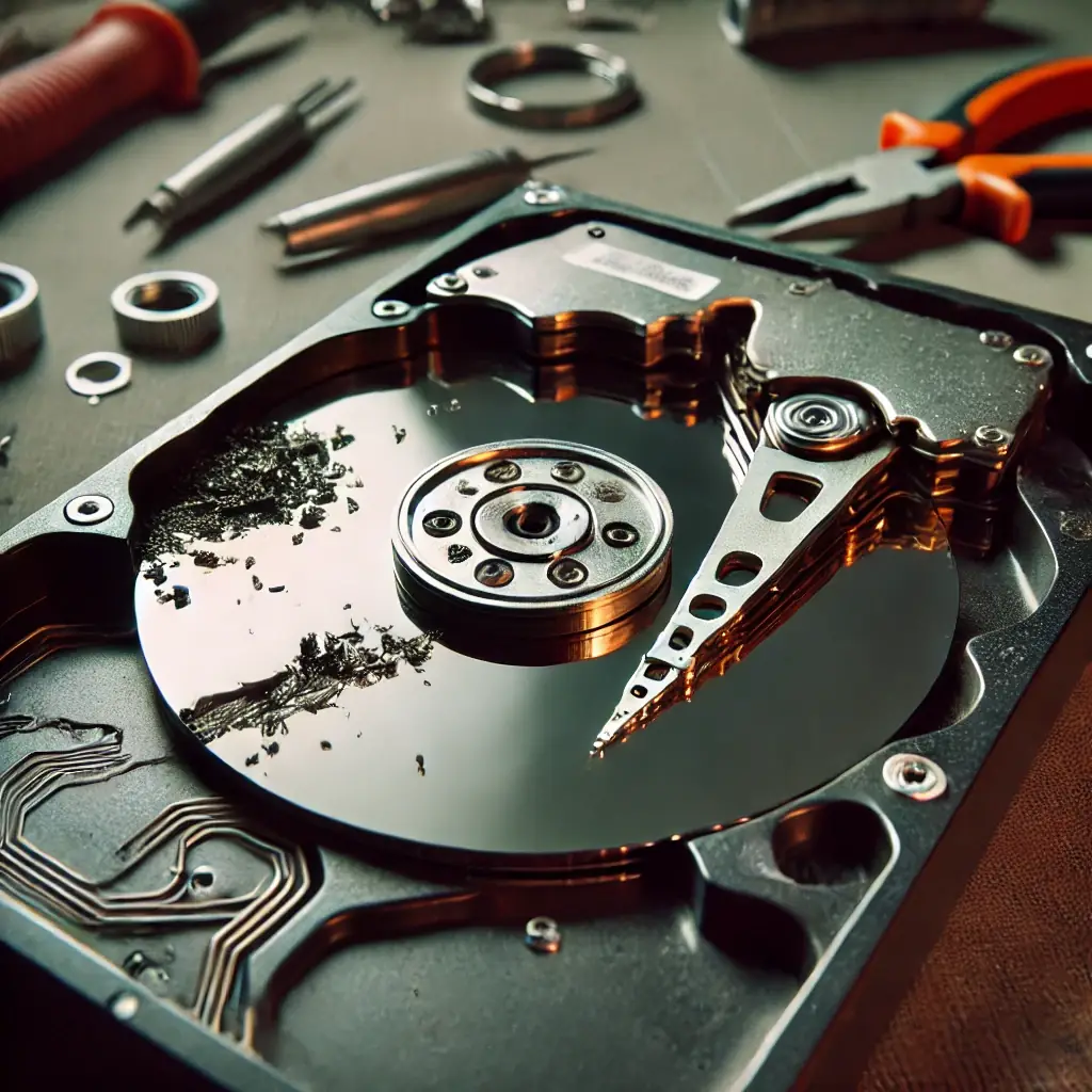 Poškozená čtecí-zapisovací hlava HDD — detailní pohled na zlomenou / ohnutou hlavu s opotřebením a škrábanci (ITHOPE laboratoř záchrany dat)