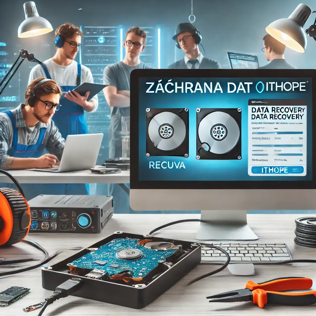 Externí USB disk připojený k sekundárnímu počítači s recovery softwarem (Recuva, EaseUS) — ilustrace bezpečného postupu pro logické závady