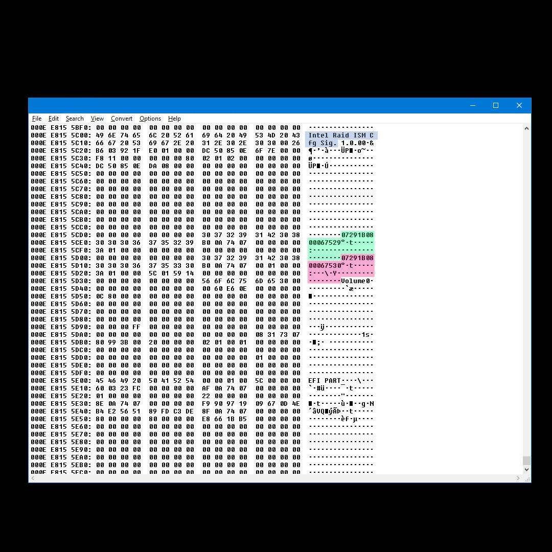 Hexadecimal analysis of Phison SSE128GTTCR-S80 RAID 0 metadata — determining stripe size and offsets
