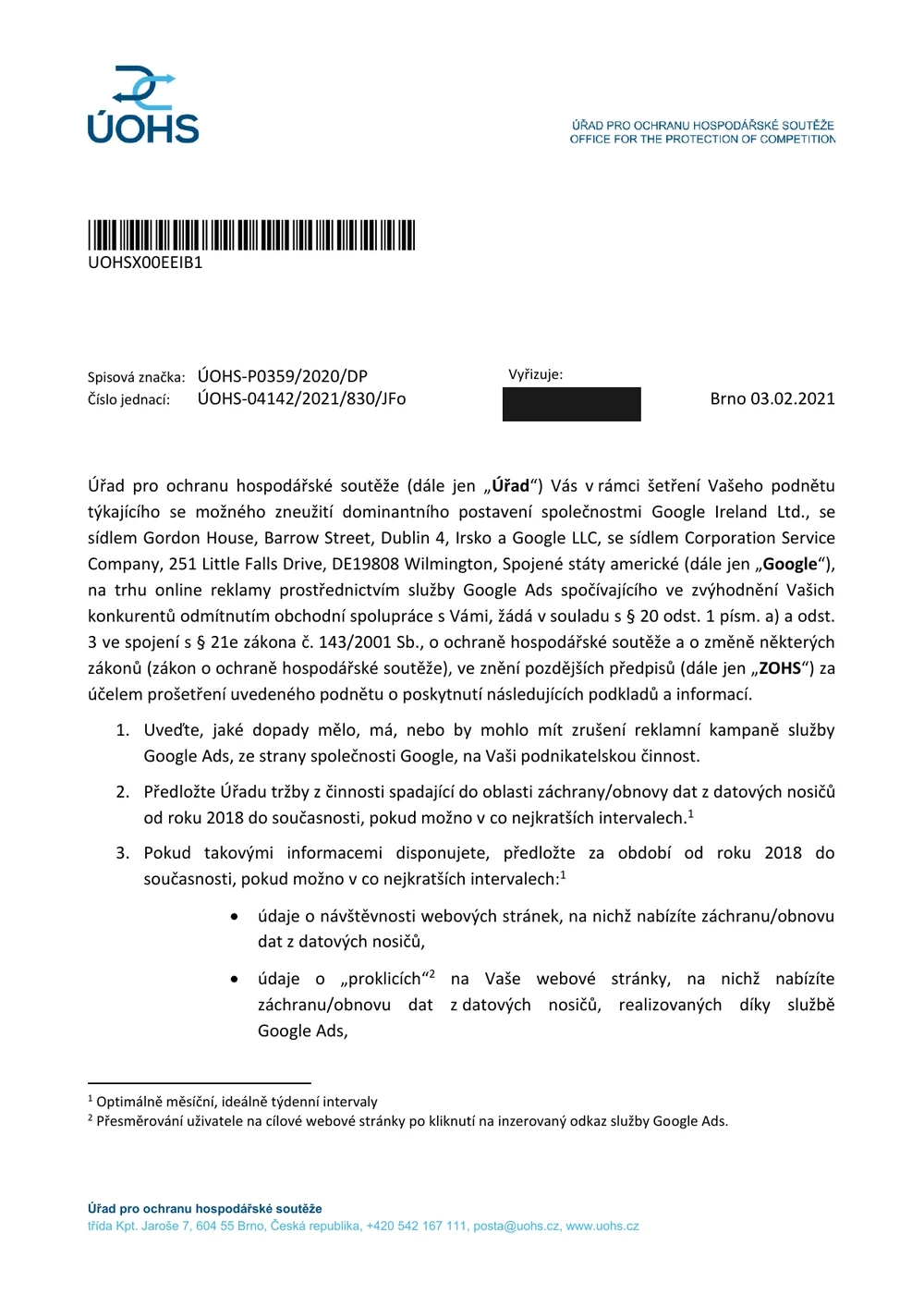 Výzva ÚOHS k poskytnutí informací ze 3. 2. 2021, spisová značka ÚOHS-P0359/2020/DP — šetření podnětu na zvýhodnění konkurentů společností Google