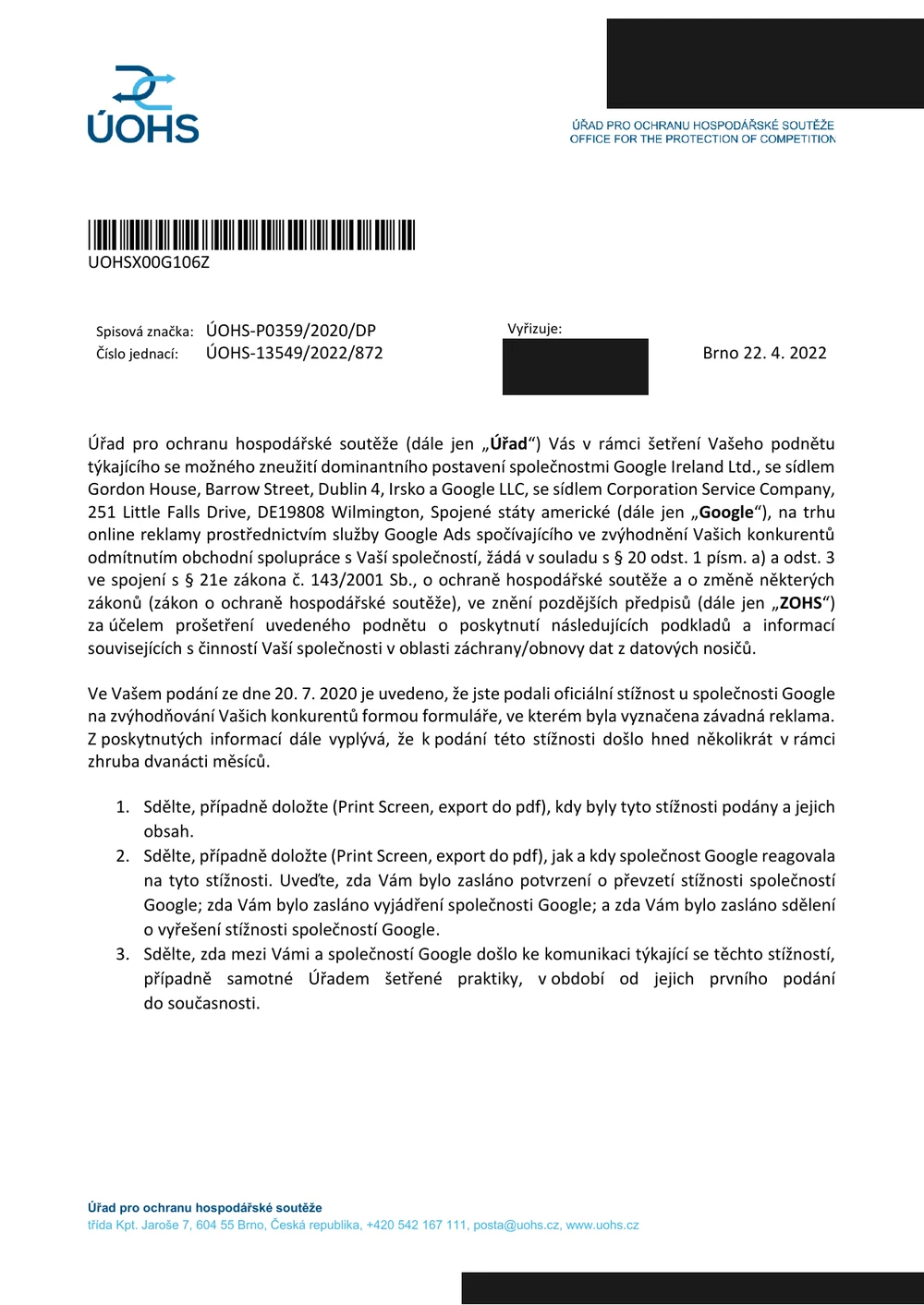 Výzva ÚOHS z 22. 4. 2022 ve stejné věci — důkaz, že šetření trvalo roky