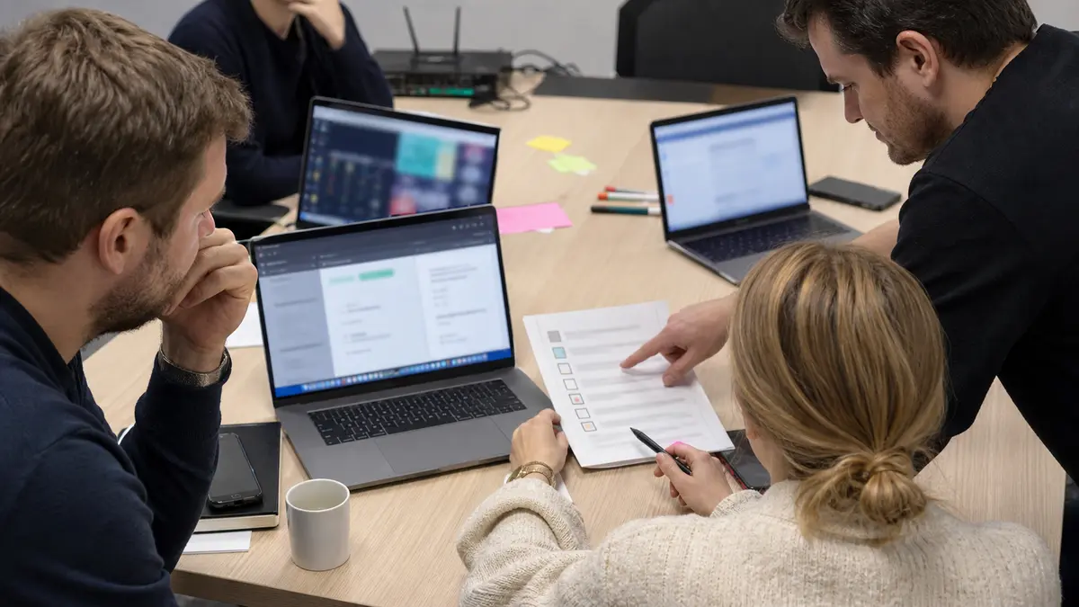 Practical AI training for businesses — a team at their laptops working on their own processes and prompting