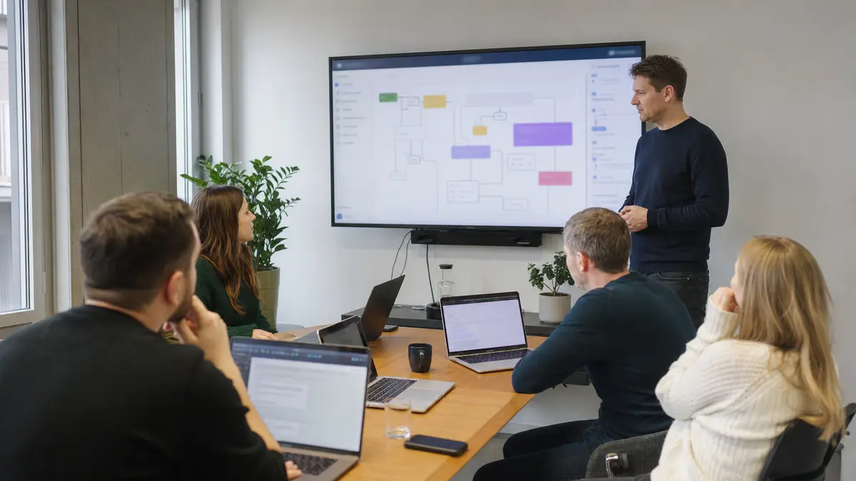 Praktische KI-Schulung für Unternehmen, Team an Laptops bearbeitet eigene Geschäftsprozesse