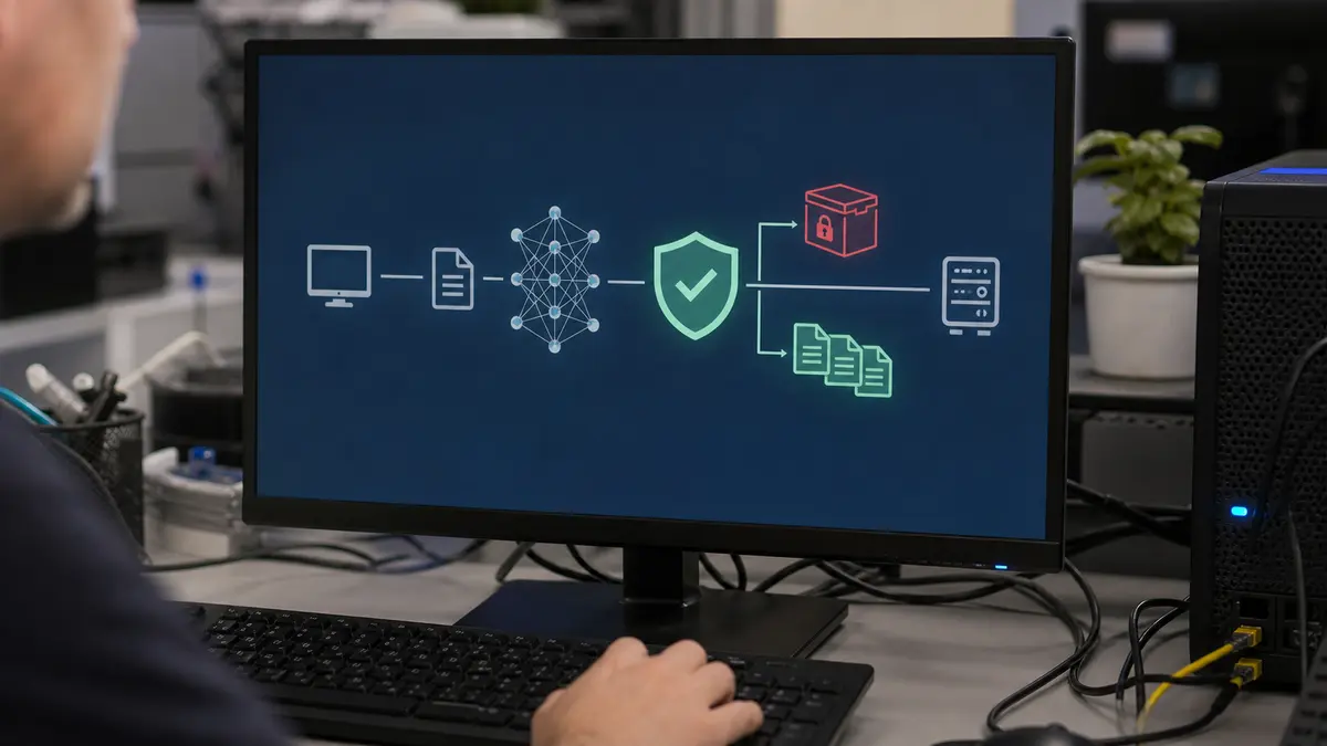 Close-up of a monitor showing the visual flow of a file through an AI layer into a shield, a red quarantine area and green approved files