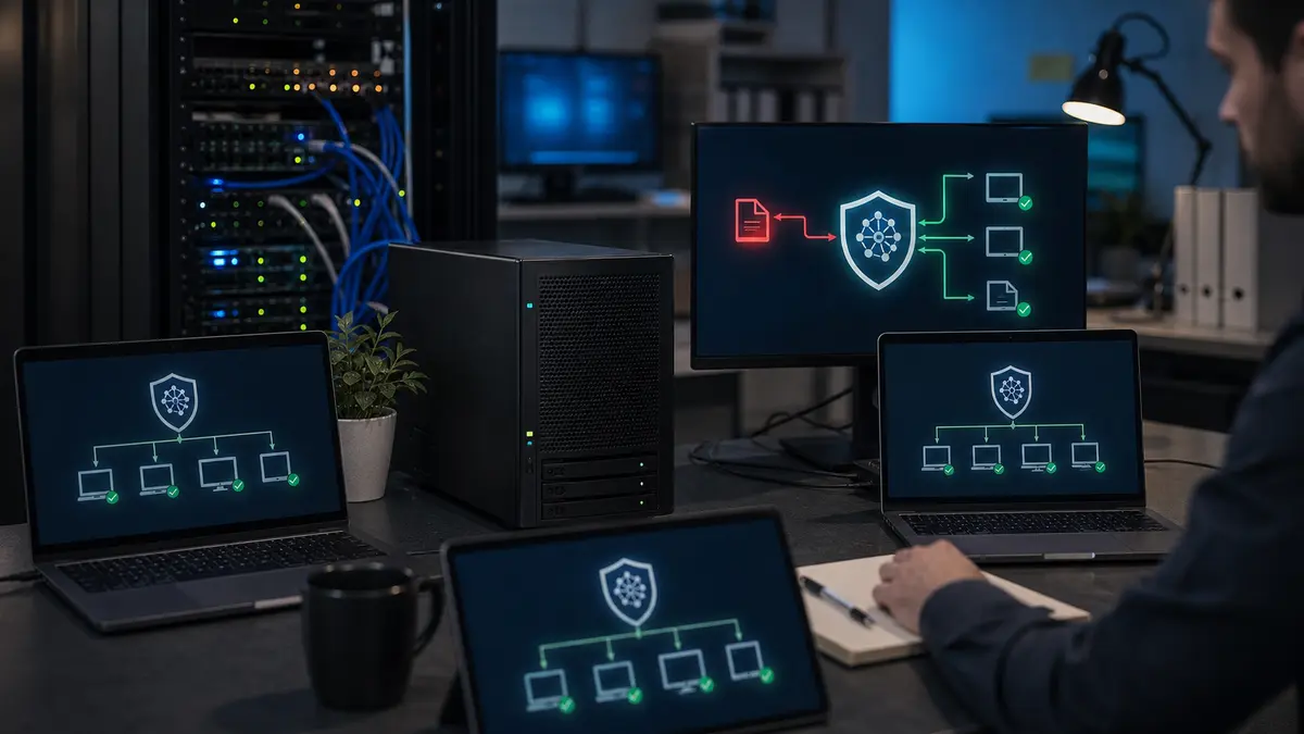Local server and workstation infrastructure in an IT lab, multiple laptops and monitors are protected by an AI shield