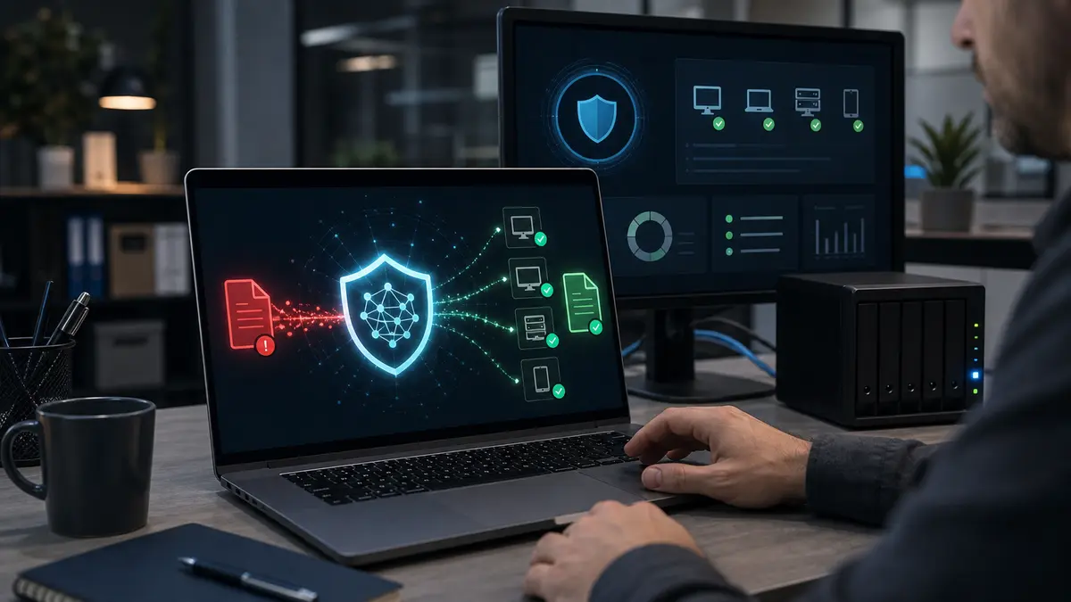 Realistic laptop and monitor in an office, a red suspicious file is stopped by an AI shield before reaching protected corporate devices
