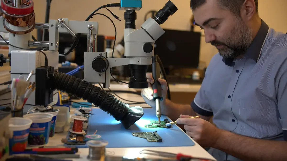 The real ITHOPE lab in Brno, a technician works on electronics under a microscope