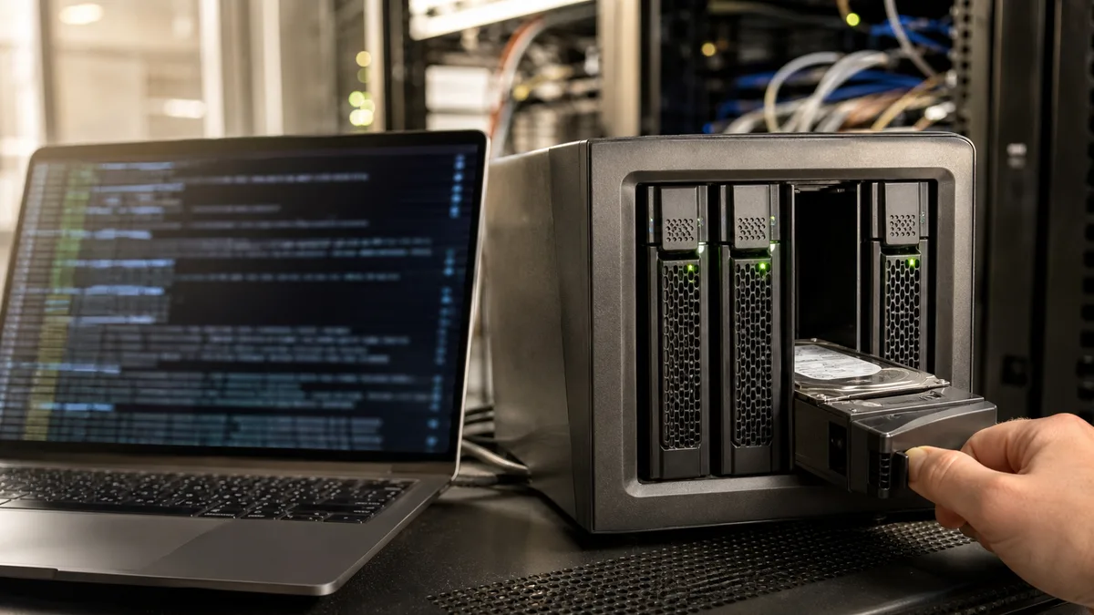 Technik u otevřeného čtyřšachtového NAS s vysunutým šuplíkem s pevným diskem, vedle běží notebook s terminálem