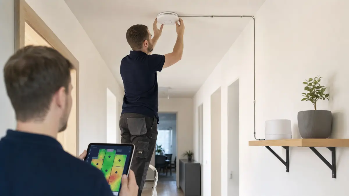 Technik kontroluje stropní WiFi přístupový bod a měří pokrytí signálem