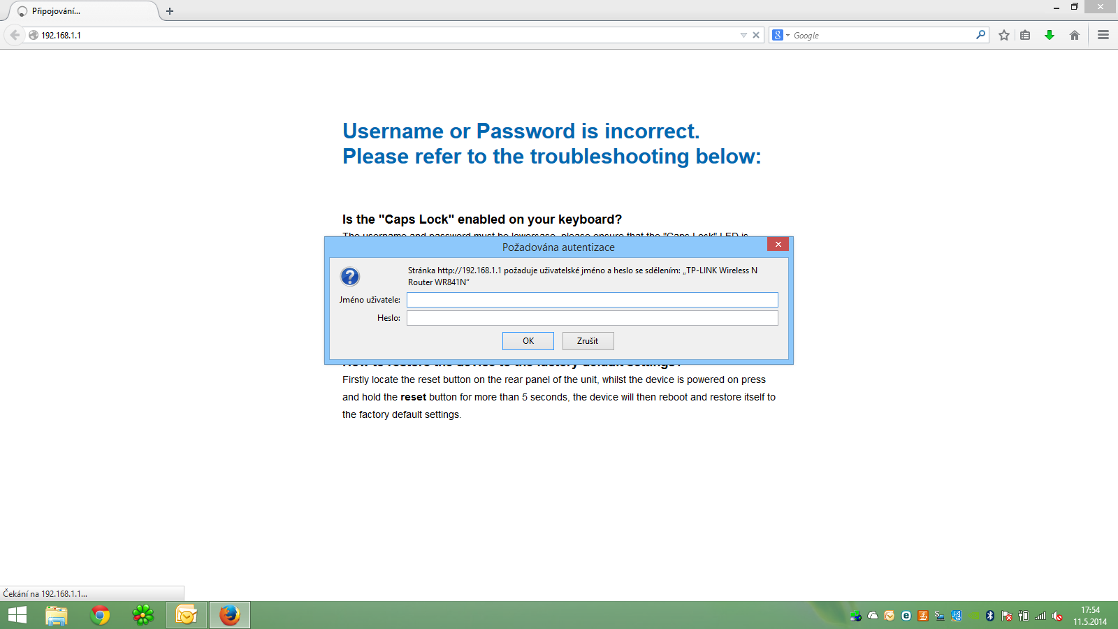 Firefox 2014 zobrazuje přihlašovací dialog TP-Link WR841N s chybou Username or Password is incorrect a tipem na factory reset