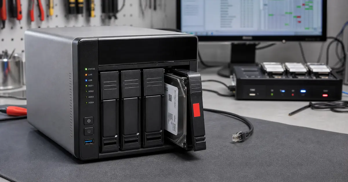 Datenrettung von QNAP NAS im Labor ITHOPE Brünn – Vier-Bay-NAS, herausgezogene defekte Festplatte und Offline-Analyse des QTS-Speichers