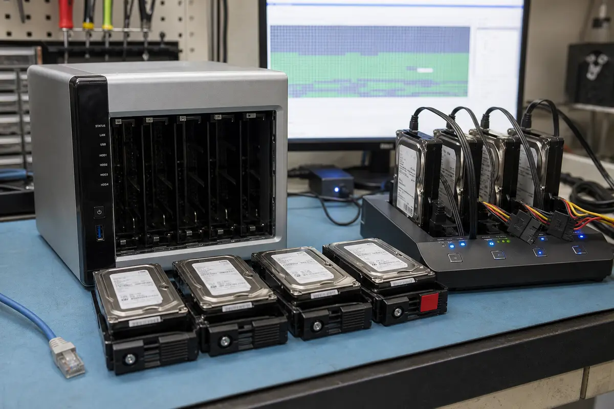 Ausgeschaltetes QNAP NAS mit in Reihenfolge entnommenen Festplatten an einer Klonstation für Thin-Volume-Wiederherstellung
