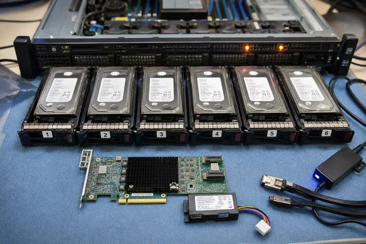 Server-SAS-Festplatten nach Slots markiert und ausgebauter RAID-Controller bei der Lösung von Foreign Config im Labor ITHOPE Brno