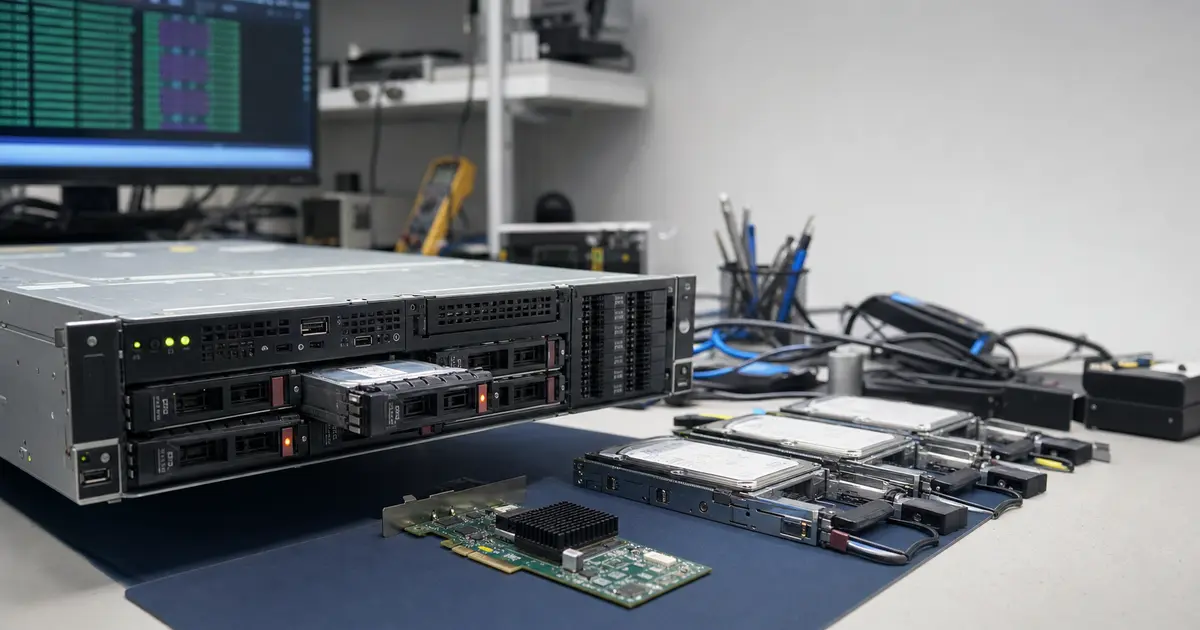 Datenrettung eines Server-RAID-Arrays im Labor ITHOPE Brno – Rack-Server, SAS-Festplatten in Einschüben und RAID-Controller außerhalb des Servers