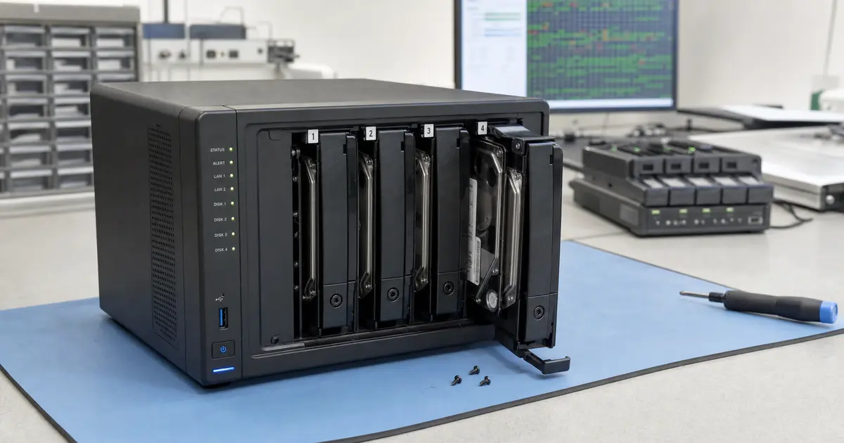 Datenwiederherstellung von einem Synology NAS im Labor ITHOPE Brno – geöffnetes 4-Bay-NAS, entnommene Festplatten und die Speicherschichten des SHR