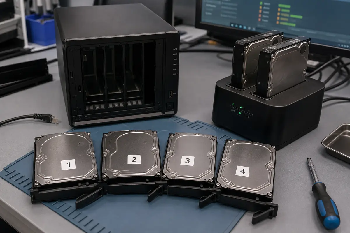 Ausgeschaltetes Synology NAS mit nach Slots markierten Festplatten an einer Klonstation im Labor ITHOPE Brno