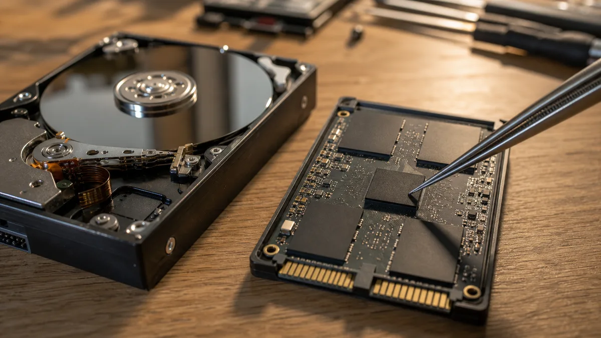 Otevřený SSD disk s viditelným čipem řadiče a paměťovými NAND čipy, vedle něj rozebraný pevný disk s plotnami a čtecí hlavou