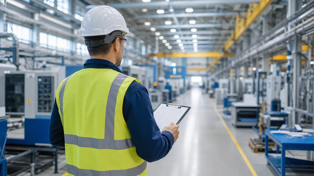 OHS inspector with a checklist in an industrial hall — occupational safety, ITHOPE Brno