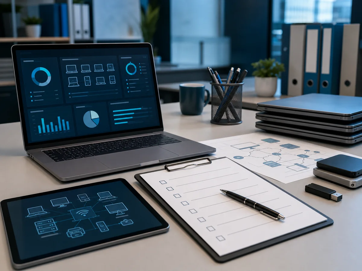 Company IT audit: a laptop showing a device inventory, an audit checklist, documentation and company equipment ready for stocktaking