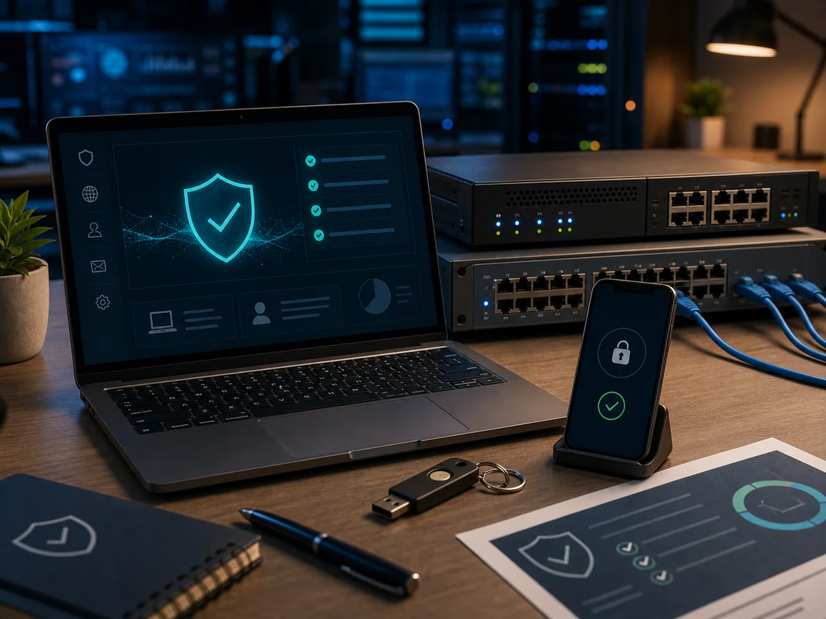 IT security for businesses: a firewall, a laptop showing protection status, a security key, an MFA phone and network infrastructure
