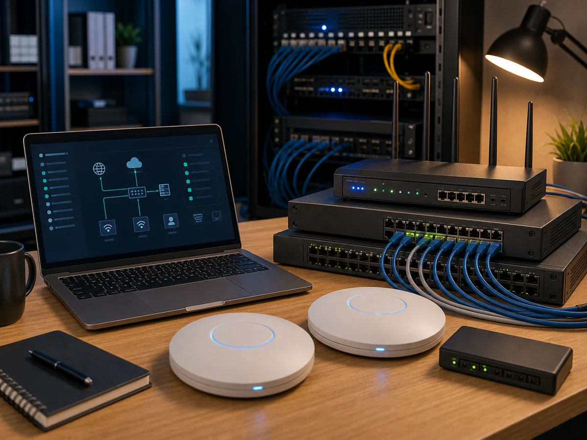Network device configuration: a firewall, a switch, access points, mesh units, Ethernet cables and an administrator's laptop