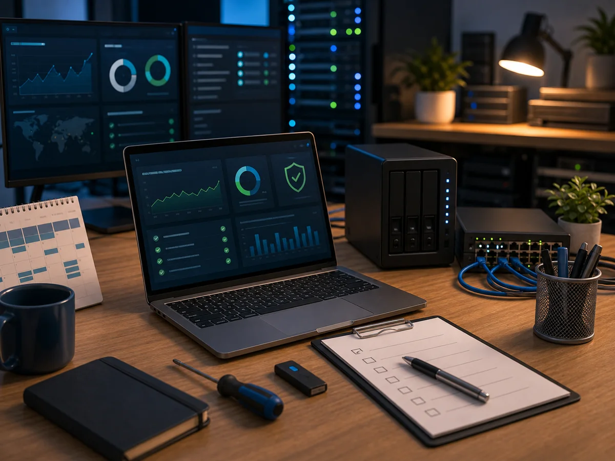 Regular IT maintenance: status monitoring, a maintenance checklist, a server, a NAS and network devices on a service bench
