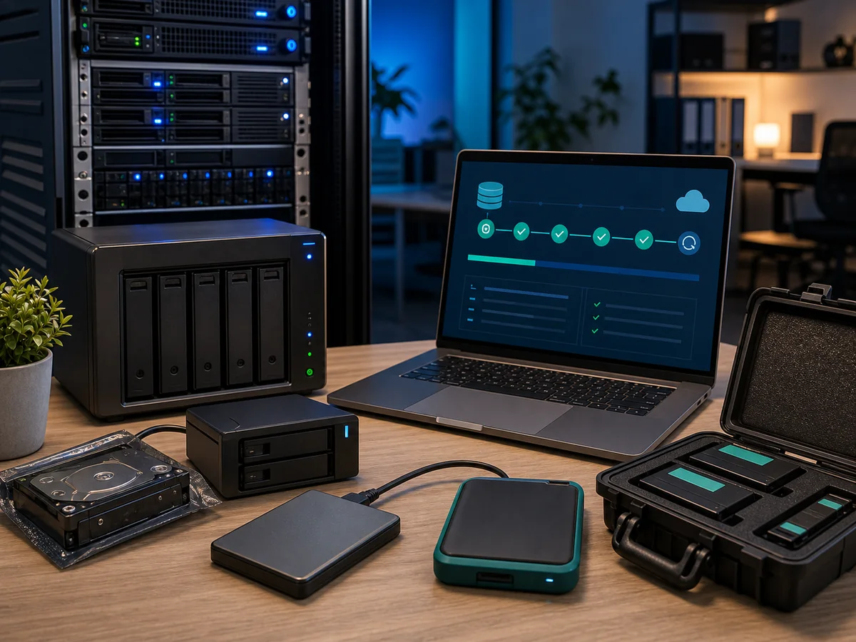 Firmen-Datensicherung: Server, NAS, externer Speicher und Laptop mit laufender Sicherung und Wiederherstellungstest