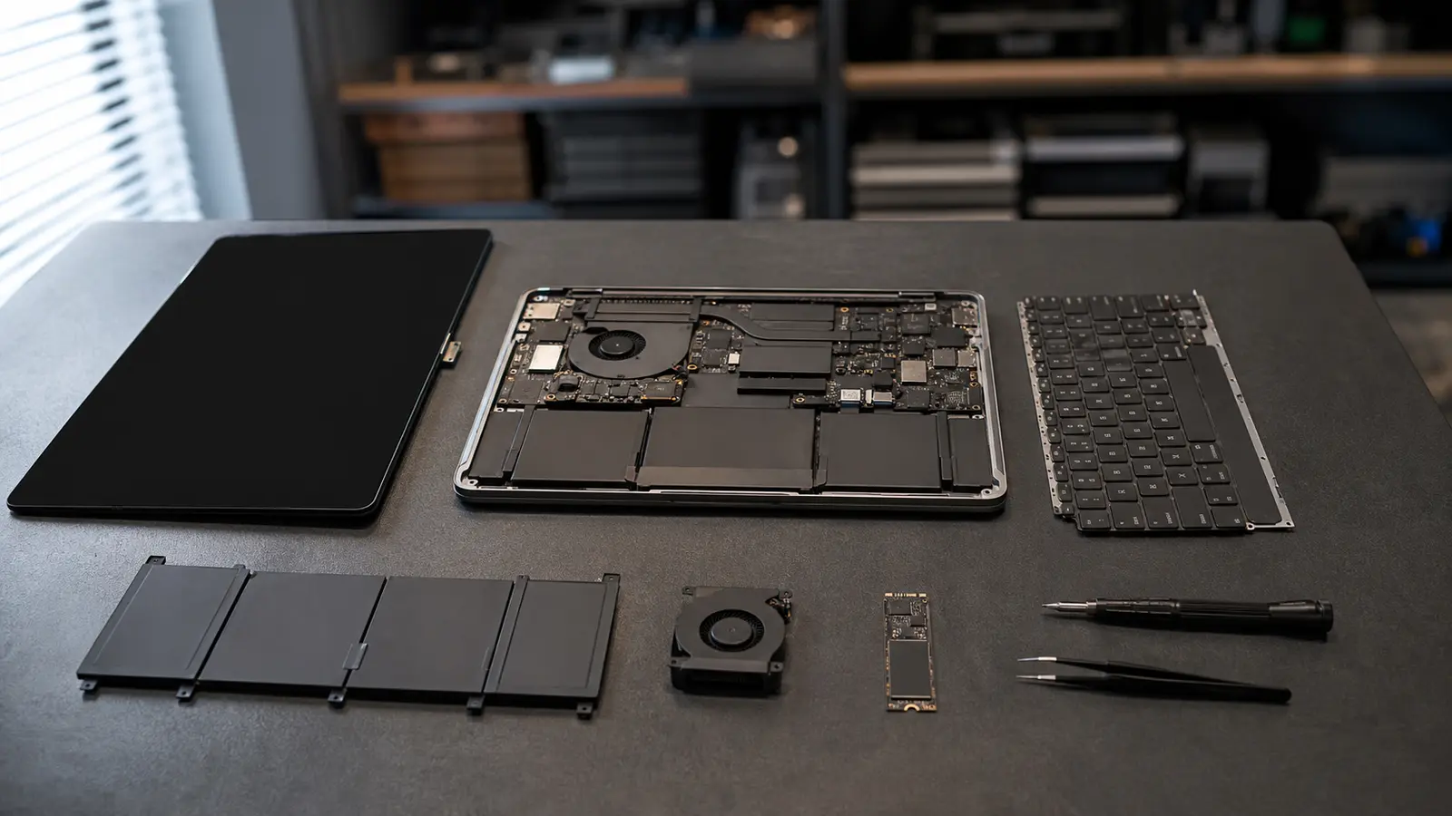 Rozebraný notebook na servisním stole s připravenými náhradními díly: displej, klávesnice, baterie, ventilátor a SSD