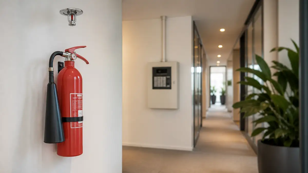 Fire extinguisher and a fire-alarm panel in an office — corporate fire protection by ITHOPE