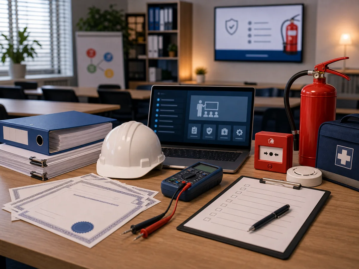 Inspections and training for companies: safety documentation, electrical tester, helmet and paperwork for OHS and fire protection