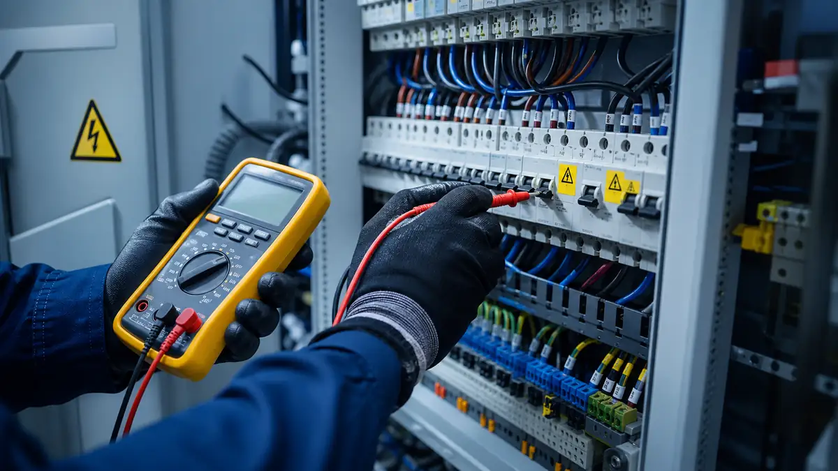 Electrical inspection with a Fluke multimeter — checking a distribution board, ITHOPE Brno