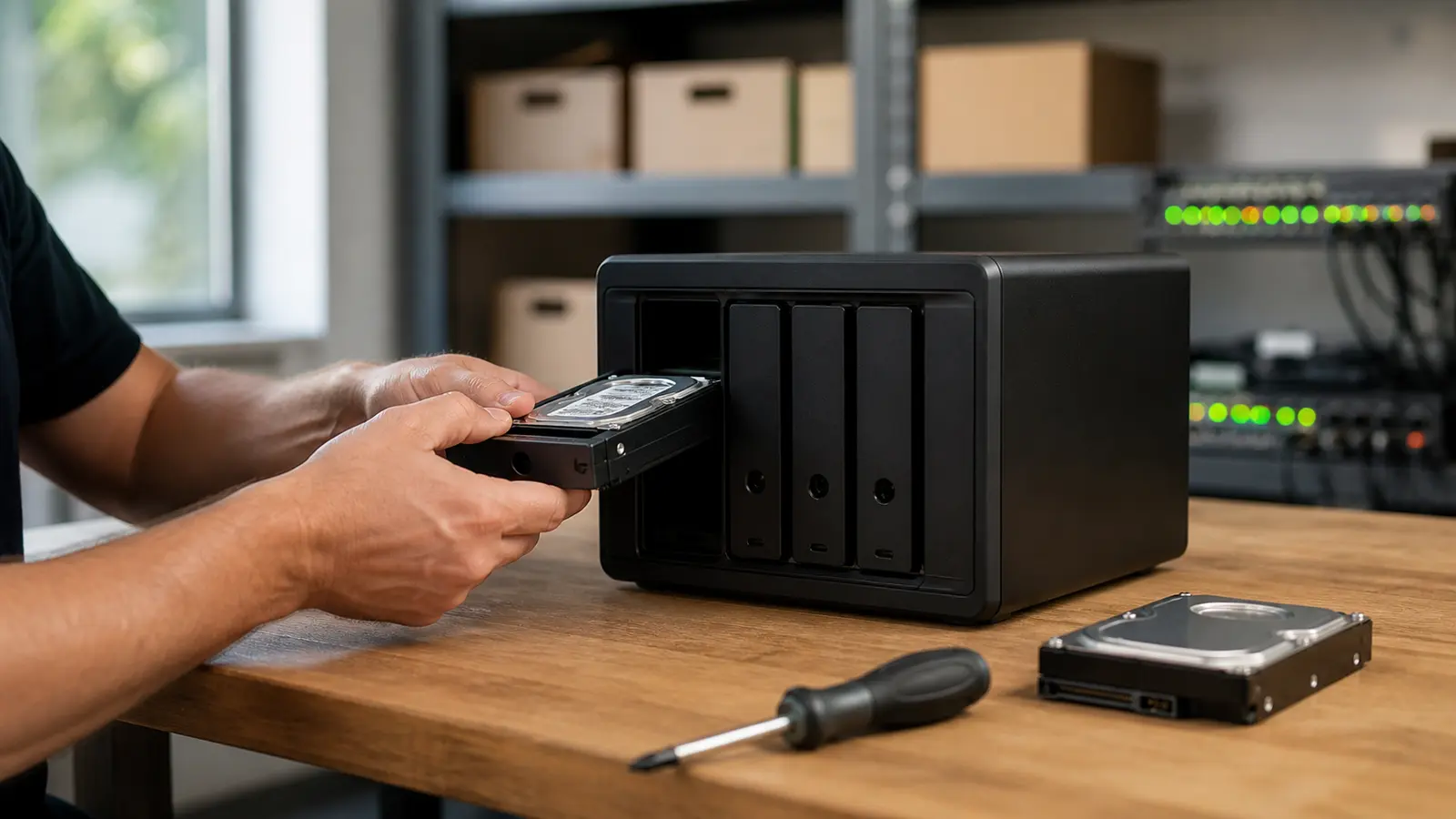 Technik zasouvá pevný disk do čtyřšachtového NAS na servisním stole v Brně