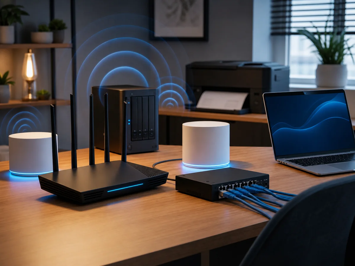 Domácí počítačová síť: Wi-Fi router, mesh jednotky, switch, Ethernet kabely a notebook v domácí pracovně