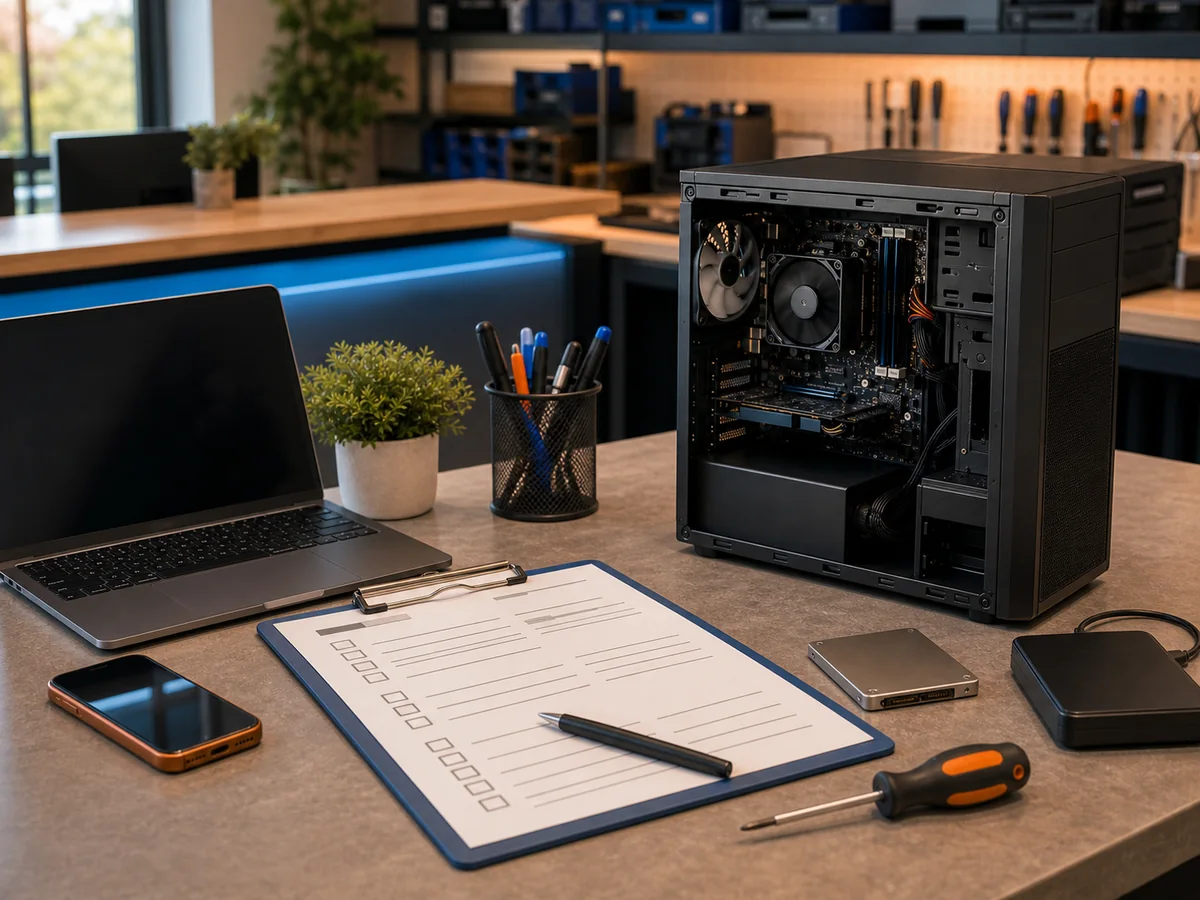Objednávka servisu PC: servisní příjem, notebook, desktop, formulář závady a nářadí pro diagnostiku