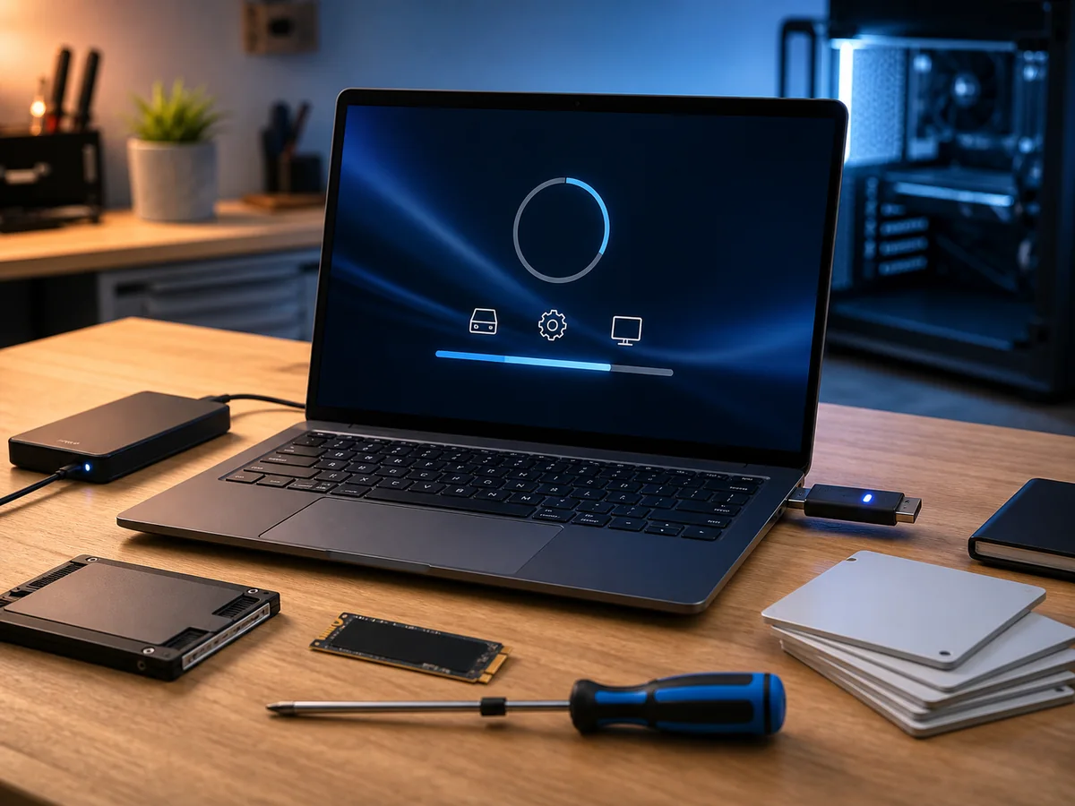 Přeinstalace počítače v servisu: notebook s instalační obrazovkou, USB instalátor, externí disk a SSD pro migraci dat