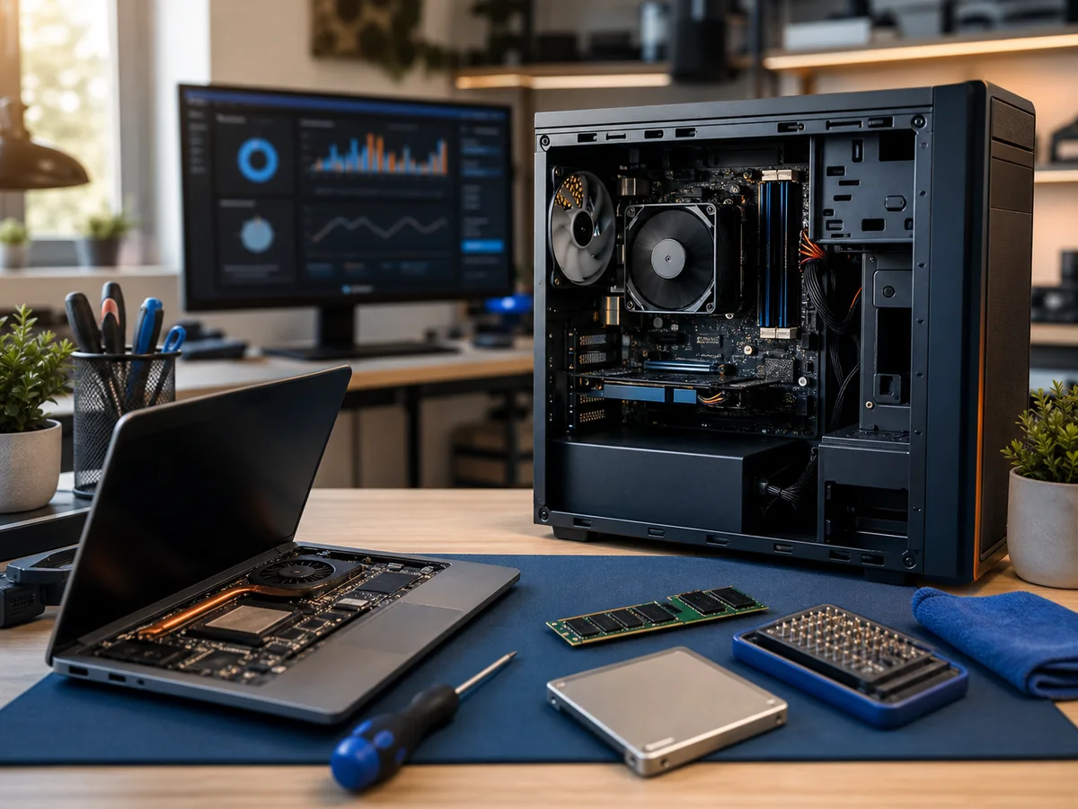 Servis PC a notebooků v dílně: otevřený desktop, rozebraný notebook, SSD, RAM a nářadí pro diagnostiku a opravy