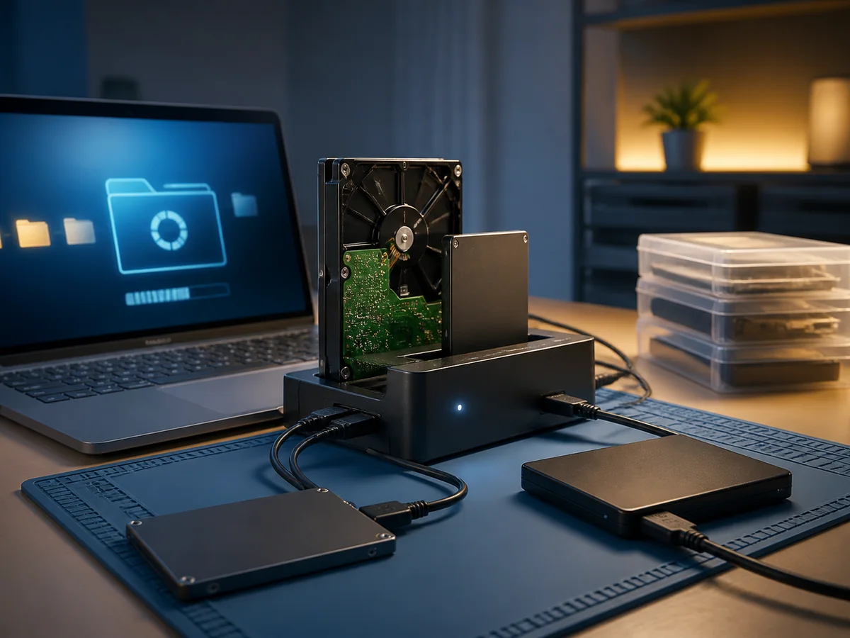 Datenrettung beim PC-Service: ein Laufwerk an einem Diagnose-Dock, eine externe Sicherung und ein Notebook zum Kopieren der Daten