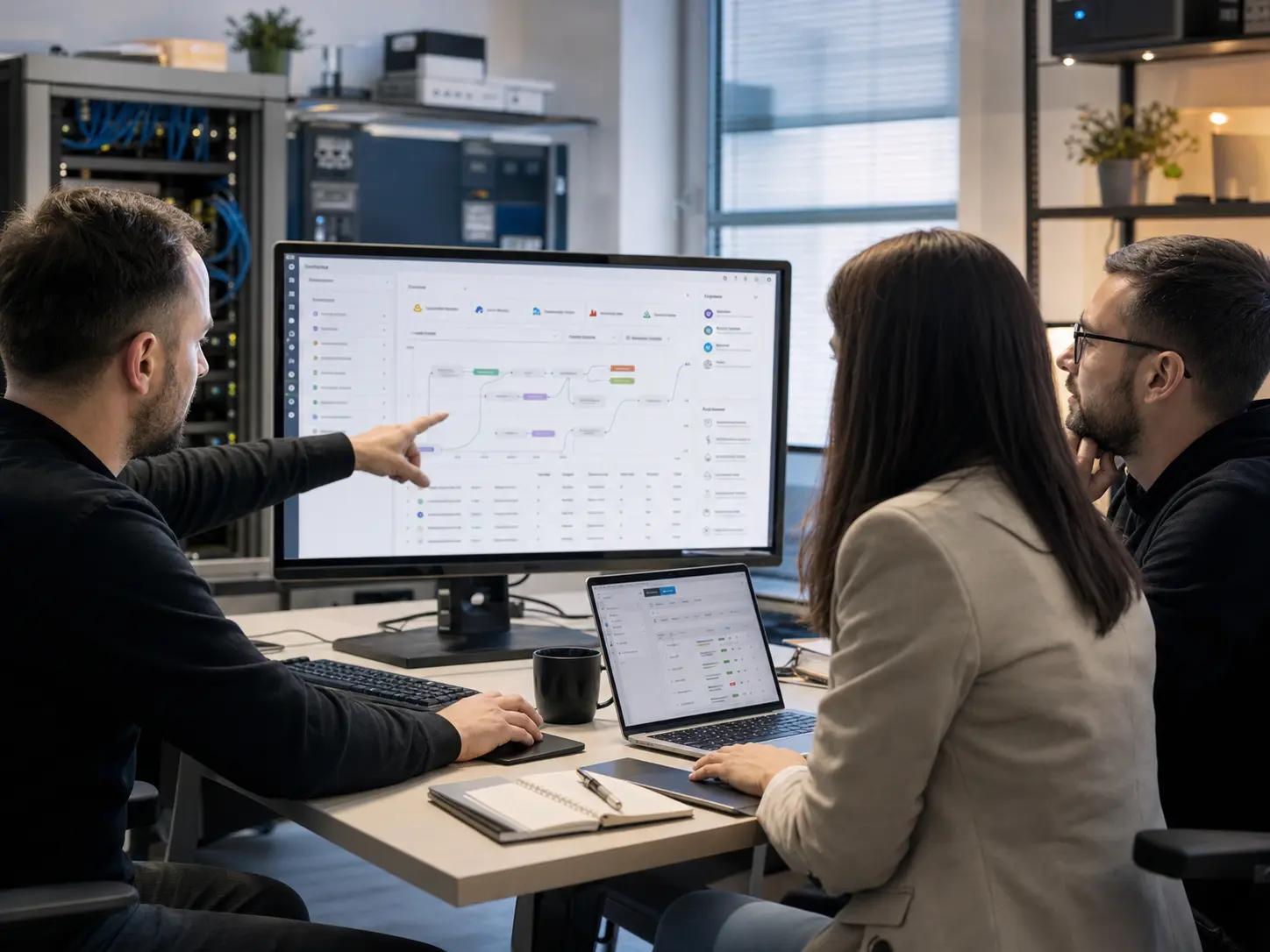 Custom application development — a team over a company dashboard, workflow, and integrations