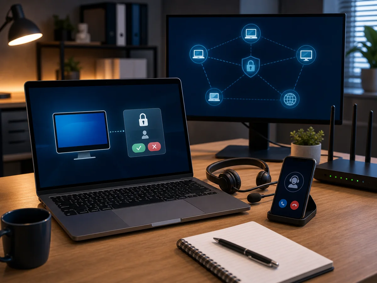 Remote IT support: a laptop with a remote connection, mesh nodes, a headset and secure session approval