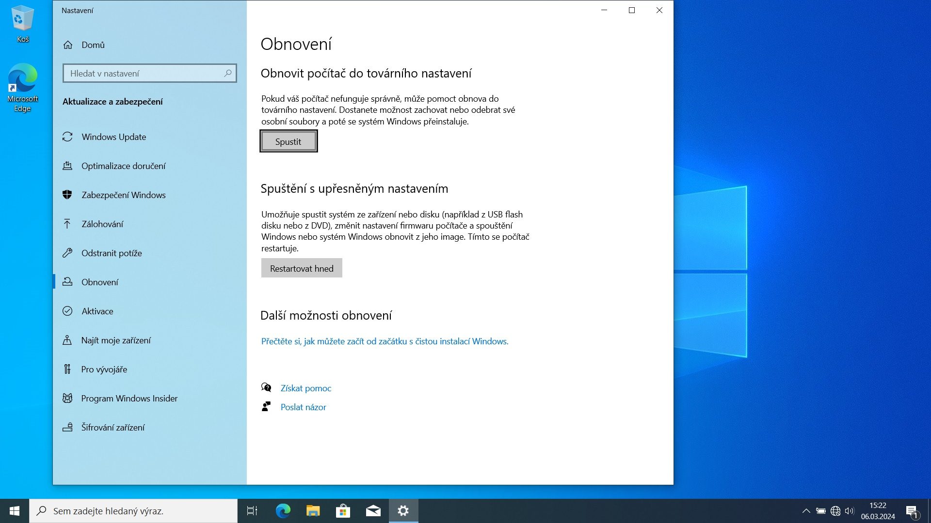 Factory reset Windows — krok 2 z 6 (obrazový návod ITHOPE)
