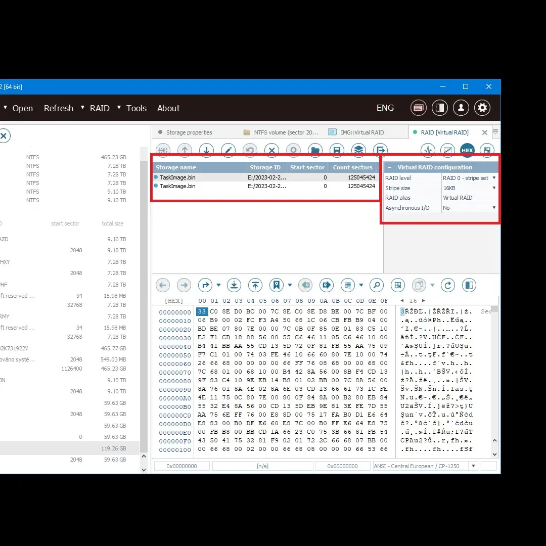 Screenshot RAID forensického nástroje s konfigurací virtuálního RAID 0 (stripe size 16 KB) a hex view boot sektoru rekonstruovaného obrazu