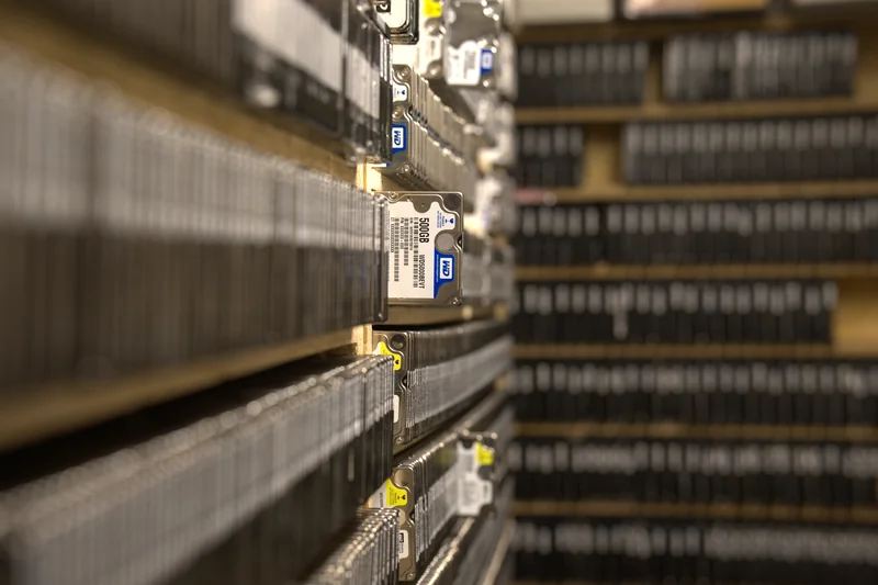 Close-up of the HDD archive — WD Blue disks with coloured labels, depth perspective