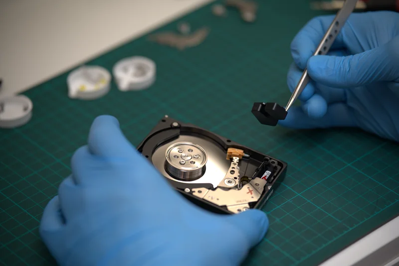 Opened 2.5-inch HDD at an angle, tweezers and screwdriver, heads visible