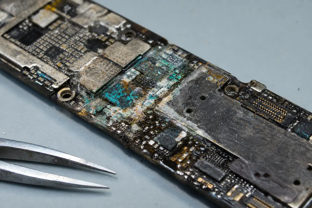 Detail of a phone mainboard with oxidation, mineral liquid residue, and damaged contacts after water ingress